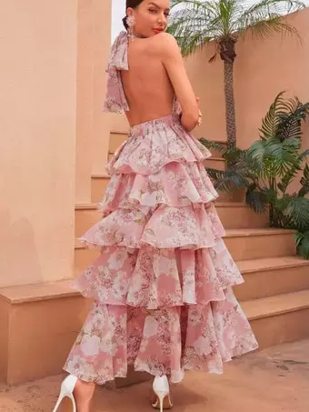 backless date night dress Dresses Layered Tiered Sleeveless Printed V-Neck Elegant Red Girls Summer Dresses – klaviyo_hub_recommendation_exclude Color:Apple Blossom Wedding