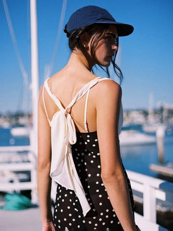 Robe de vacances maxi sans manches à pois col en V robe noire sexy