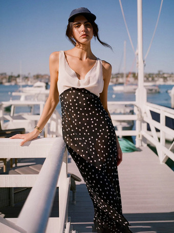 noir Robe de vacances maxi sans manches à pois col en V robe noire sexy