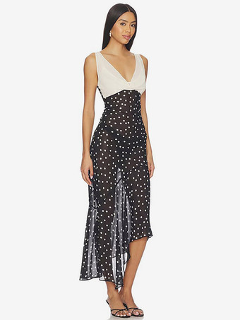 Robe de vacances maxi sans manches à pois col en V robe noire sexy