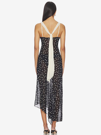 Robe de vacances maxi sans manches à pois col en V robe noire sexy