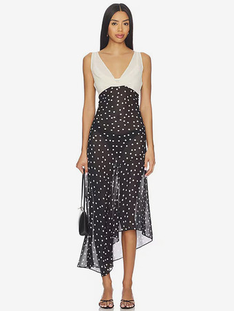 Robe de vacances maxi sans manches à pois col en V robe noire sexy
