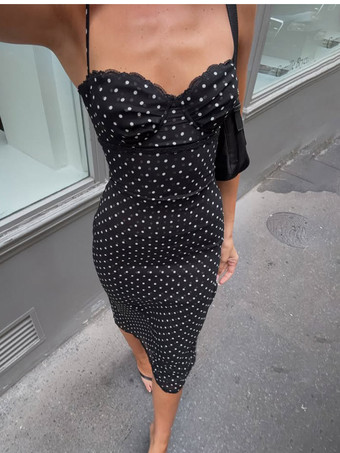 Robe midi noire à pois en polyester sans manches à bretelles et col rond pour femme par Daily Dresses