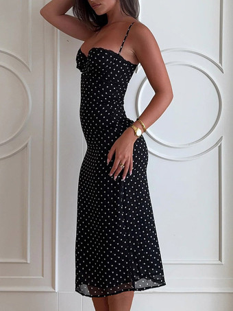 Robe midi noire à pois en polyester sans manches à bretelles et col rond pour femme par Daily Dresses