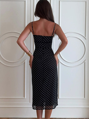 Robe midi noire à pois en polyester sans manches à bretelles et col rond pour femme par Daily Dresses