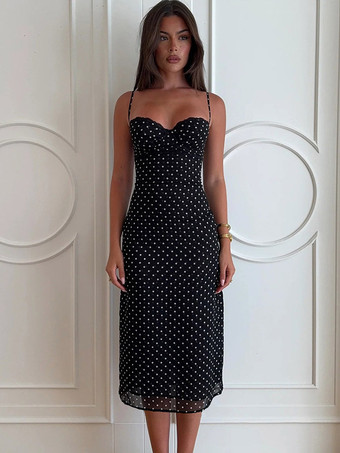 noir Robe midi noire à pois en polyester sans manches à bretelles et col rond pour femme par Daily Dresses