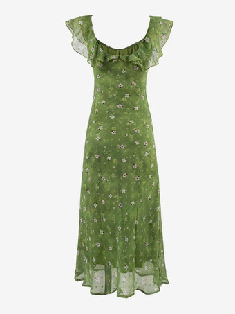 デイリードレス レディース ノースリーブ Vネック ハイウエスト スウィートフラワー グリーンドレス