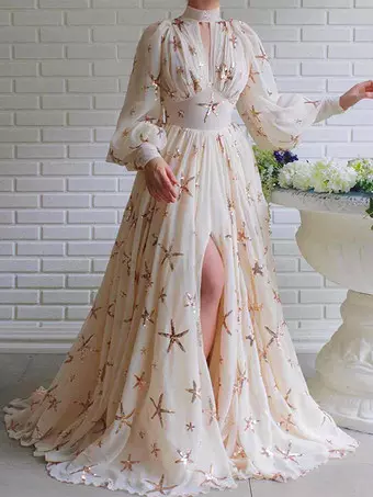 Party Dress Dresses Party Dresses Ocean Blue High Collar Sequins Long  Sleeves Shaping Puff Sleeves Elegant Semi Formal Dress - Milanoo.com