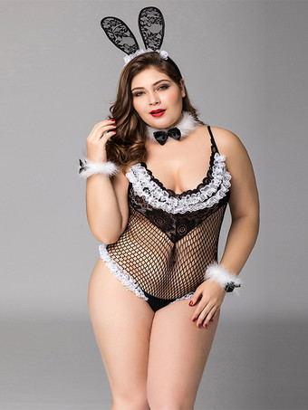 プラスサイズランジェリー バニーガールコスチューム レイブクラブ フィッシュネットメッシュ レディースボディスーツ