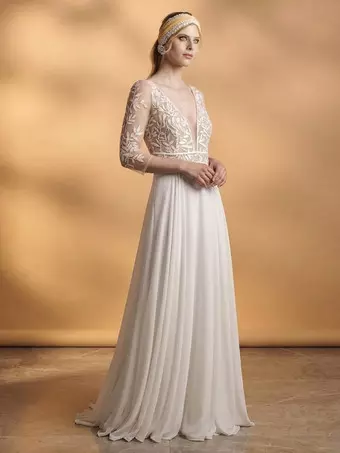 Boho Wedding Dress Lace Lace A-Line With Train Natural Waist Zipper 3/4  Length Sleeves V-Neck Ivory - Milanoo.com