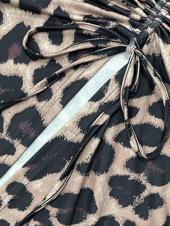 Robe de soirée maxi léopard à bretelles et col plissé sans manches élégante et semi-formelle