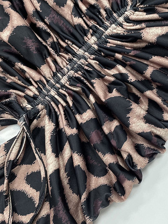 Robe de soirée maxi léopard à bretelles et col plissé sans manches élégante et semi-formelle