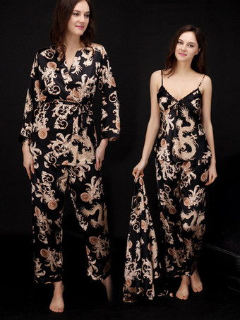 noir Vêtements d'intérieur à col rabattu et manches longues aspect soie