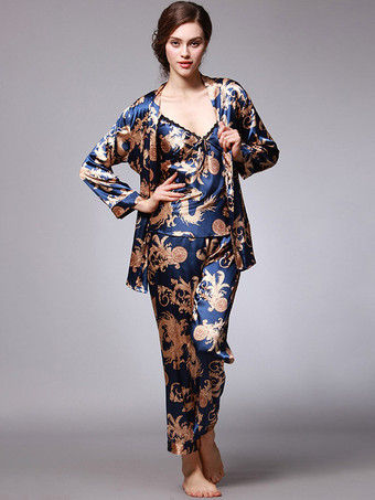 Bleu royalVêtements d'intérieur à col rabattu et manches longues aspect soie