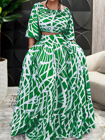 グリーン ツーピースセット グリーン エレガント ビーチ ジュエルネック パフスリーブ ハーフスリーブ スカートセット