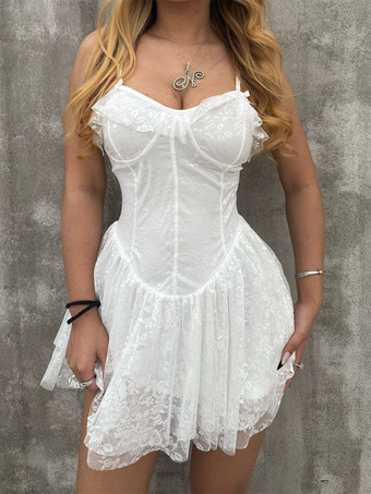 Robe blanche sexy mini dos nu à lacets sans manches col V pour une soirée en amoureux