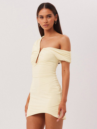 Robe de soirée courte marron asymétrique plissée dos nu sexy et semi-formelle