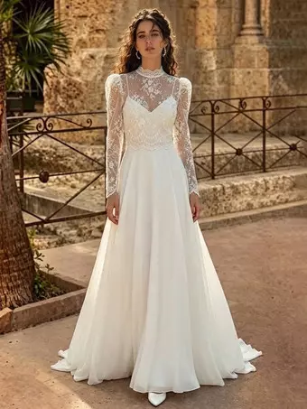 button lace wedding dress Lace Mermaid Covered-Button Long Sleeve Train Wedding Dress White-Nude / 16