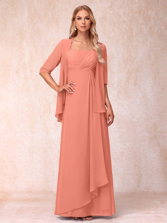 Pêche VeloutéeRobe de mère de la mariée col carré manches mi-longues deux pièces plissées robe d'invitée pour mariage