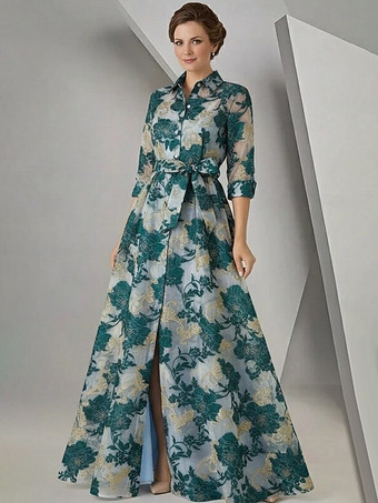 グリーン 花嫁の母のためのパーティードレス、デザインされたネックライン、3/4丈の袖、Aライン、サッシュ付き、結婚式ゲストドレス