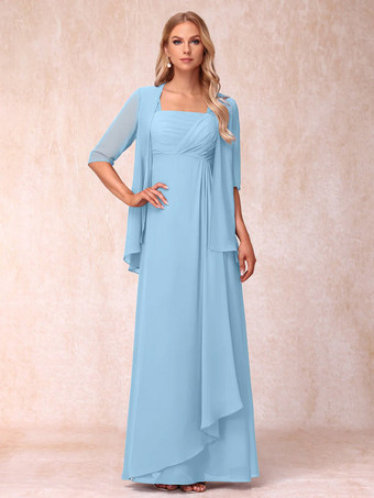 Bleu Ciel ClairRobe de mère de la mariée col carré manches mi-longues deux pièces plissées robe d'invitée pour mariage