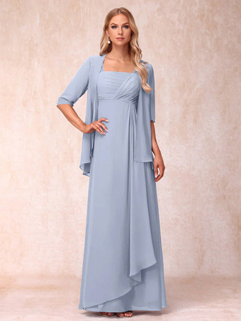 Bleu ClairRobe de mère de la mariée col carré manches mi-longues deux pièces plissées robe d'invitée pour mariage