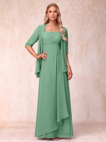 Vert CendréRobe de mère de la mariée col carré manches mi-longues deux pièces plissées robe d'invitée pour mariage