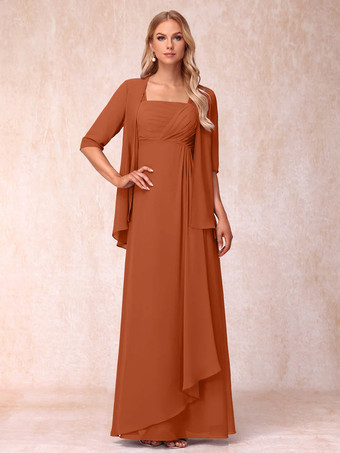 Brick rougeRobe de mère de la mariée col carré manches mi-longues deux pièces plissées robe d'invitée pour mariage