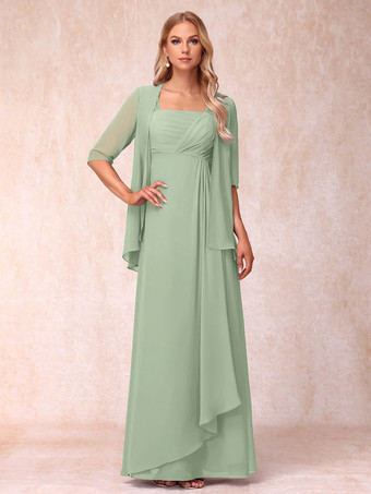 Pastel vertRobe de mère de la mariée col carré manches mi-longues deux pièces plissées robe d'invitée pour mariage