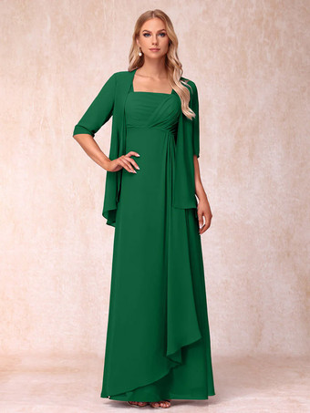 Vert Robe de mère de la mariée col carré manches mi-longues deux pièces plissées robe d'invitée pour mariage
