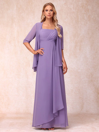 Lavande Robe de mère de la mariée col carré manches mi-longues deux pièces plissées robe d'invitée pour mariage
