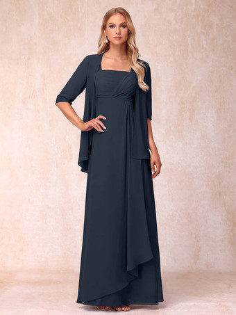Bleu MarineRobe de mère de la mariée col carré manches mi-longues deux pièces plissées robe d'invitée pour mariage