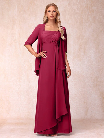 Bordeaux Robe de mère de la mariée col carré manches mi-longues deux pièces plissées robe d'invitée pour mariage