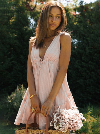 Vestido babydoll sin mangas de algodón para mujer - Minivestido de verano bohemio con escote en V y espalda descubierta - Vacaciones de verano en la playa 2026