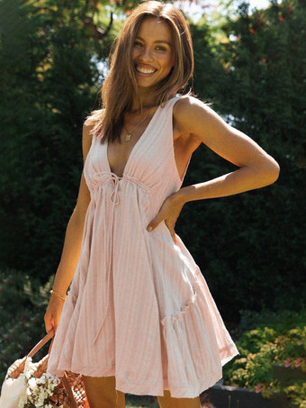 color albaricoque Vestido babydoll sin mangas de algodón para mujer - Minivestido de verano bohemio con escote en V y espalda descubierta - Vacaciones de verano en la playa 2026