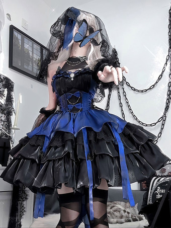   ゴシックロリータドレス ノースリーブ フリル レイヤード パフィードレス ブルー ブラック バタフライ コスプレ衣装