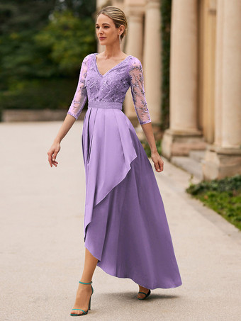 Lavande Robe de mariée pour mère de la mariée col en V manches 3/4 ligne a dentelle longueur cheville robes d'invitées de mariage