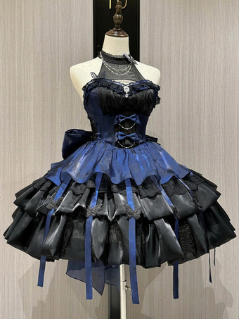   ゴシックロリータドレス ノースリーブ フリル レイヤード パフィードレス ブルー ブラック バタフライ コスプレ衣装