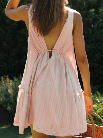 Vestido babydoll sin mangas de algodón para mujer - Minivestido de verano bohemio con escote en V y espalda descubierta - Vacaciones de verano en la playa 2026