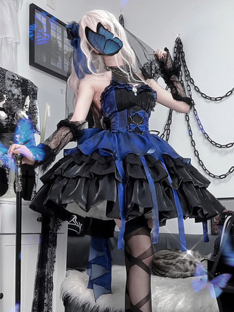   ゴシックロリータドレス ノースリーブ フリル レイヤード パフィードレス ブルー ブラック バタフライ コスプレ衣装