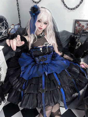   ゴシックロリータドレス ノースリーブ フリル レイヤード パフィードレス ブルー ブラック バタフライ コスプレ衣装