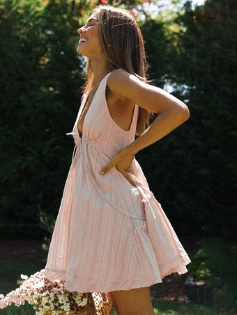Vestido babydoll sin mangas de algodón para mujer - Minivestido de verano bohemio con escote en V y espalda descubierta - Vacaciones de verano en la playa 2026