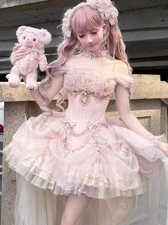 スウィートフェアリーロリータドレス ピンクのフリル オフショルダー ショートロリータドレス