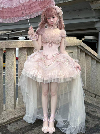 ピンクスウィートフェアリーロリータドレス ピンクのフリル オフショルダー ショートロリータドレス