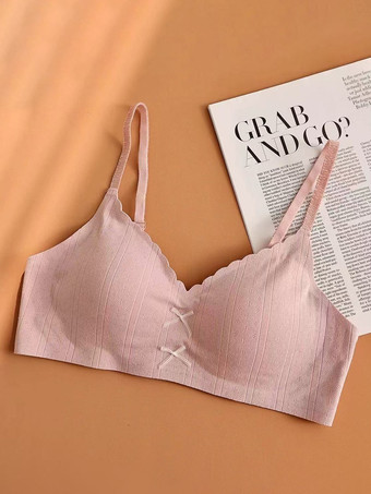 ピンクシームレスワイヤレスブラ、快適で柔らかなブラレット、スカラップエッジ付き
