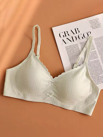 セージグリーンシームレスワイヤレスブラ、快適で柔らかなブラレット、スカラップエッジ付き