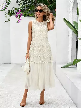 jewel neck lace dress A Line Jewel Neckline Lace Boho Wedding Dress Beach Bridal Gown QW2666 Custom Size / White