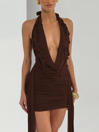Robe de soirée mini noire à col V lacé sans manches dos nu robe sexy semi-formelle