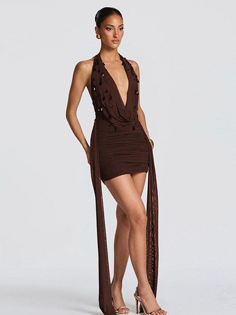 Robe de soirée mini noire à col V lacé sans manches dos nu robe sexy semi-formelle