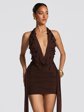 Robe de soirée mini noire à col V lacé sans manches dos nu robe sexy semi-formelle